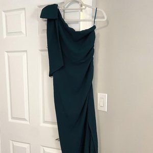 One-Shoulder Hunter Green Floor Length Dress with Bow